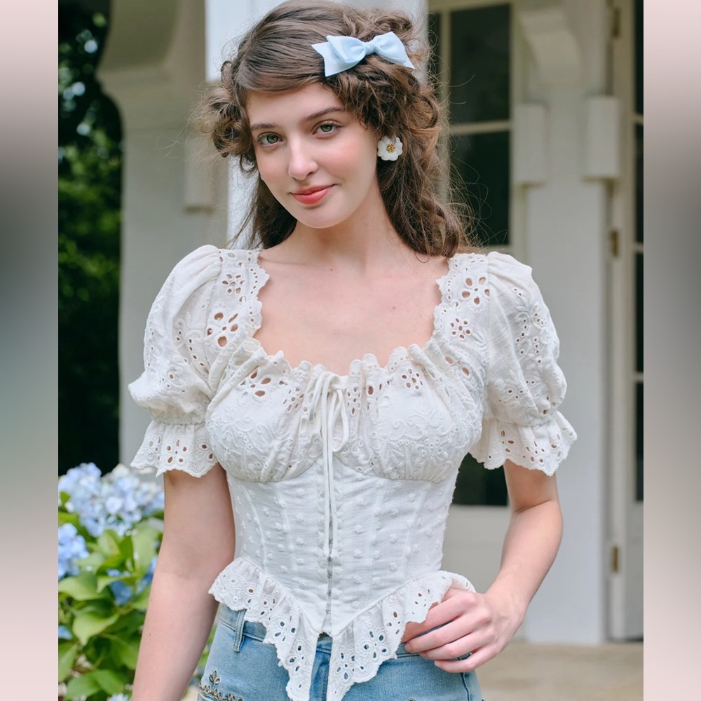 White Short Puff Sleeve Eyelet Corset Top